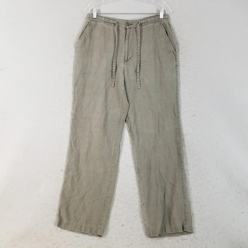 Tasso Elba Pants Mens S Green 100% Linen Drawstring Waist Straight Leg Casual